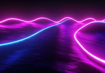 Poster - Neon Waves in a Dark Surreal Landscape with Vibrant Colors and Smooth Surface Reflection