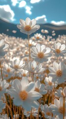 Poster - Gorgeous arrangement of white flowers stretching towards the sky on a clear sunny day in a serene landscape : Generative AI