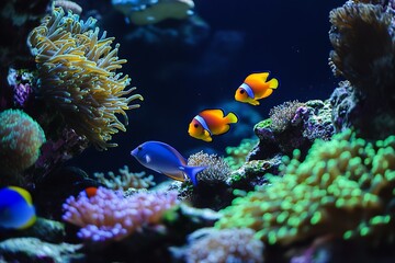 Aufkleber - Colorful School of Tropical Fish Swimming Around Coral Structures in a Lively Ocean Habitat : Generative AI