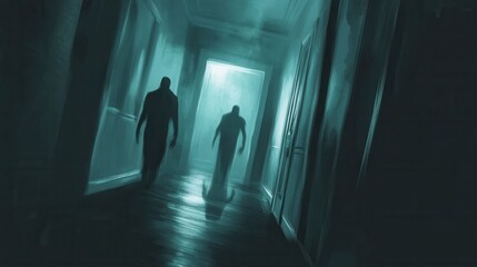 Poster - Dark corridor with ghostly figures and eerie light creating a cinematic horror atmosphere at night