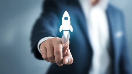 Wall Mural - businessman touching on rocket launch with up arrow, investment growth, planning and starting corpor