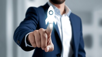 Wall Mural - businessman touching on rocket launch with up arrow, investment growth, planning and starting corpor