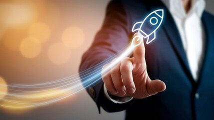 Wall Mural - businessman touching on rocket launch with up arrow, investment growth, planning and starting corpor