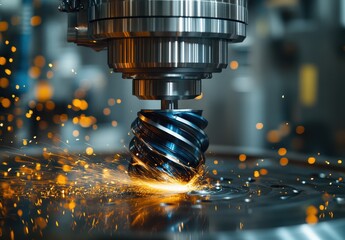 Poster - Precision CNC machining process with metal cutting tool generating sparks and high energy in an industrial workshop setting