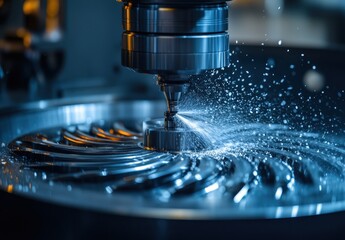 Poster - Precision machining process showcasing a metal cutter in action with water coolant spraying on a shiny industrial part during manufacturing in a workshop