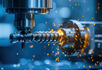 Poster - Precision Machining Process with Sparks and Metal Shavings in Industrial Manufacturing Environment Featuring Modern CNC Technology