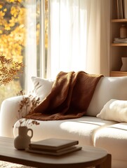 Aufkleber - Inviting living room corner featuring a white sofa and a cozy throw : Generative AI