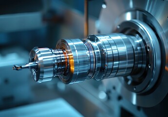 Poster - Precision Metal Cutting Tool in CNC Machine with Shiny Surface and Intricate Details for Manufacturing and Engineering Applications