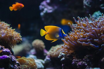 Leinwandbilder - Serene underwater scene with a yellow fish amidst colorful coral formations : Generative AI