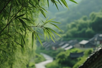 Poster - Vibrant lush bamboo leaves overlooking a serene village nestled in green hills : Generative AI