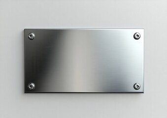 Poster - Reflective Metal Plate with Smooth Finish and Four Mounting Screws Against Light Gray Wall Background for a Minimalistic Aesthetic
