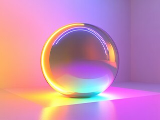 Poster - Reflective orb with vibrant colorful neon glow on smooth surface showcasing modern design aesthetics in a minimalistic environment