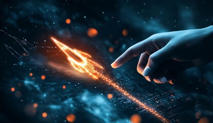 Poster - Innovative hand gesture activating a digital rocket symbolizing technological advancement : Generative AI