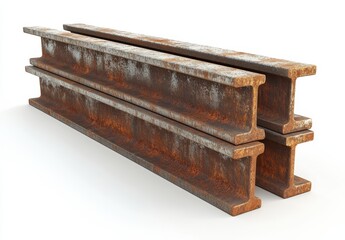 Poster - Rusty Metal Beams Stacked on a White Background with Textured Surface and Visible Corrosion, Industrial Material for Construction or Engineering Projects