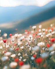 Poster - Aesthetic wildflower field with red and white blooms captured in soft focus showcasing natural beauty and depth : Generative AI