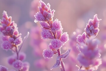 Poster - Close up of frosty pink floral spikes capturing soft light and creating an ethereal winter atmosphere : Generative AI