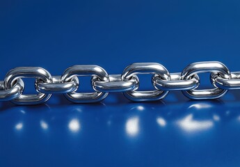 Poster - Shiny Metallic Chain Links on Blue Background Ideal for Themes of Strength, Unity, and Connection in Various Design Projects