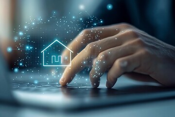 Poster - Close-up view of a user engaged with a digital home interface using the keyboard and mouse : Generative AI