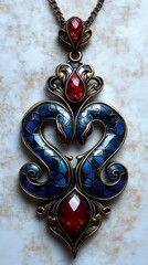 Poster - Ornate vintage pendant necklace with a captivating blue and red gemstone pattern on a textured background : Generative AI
