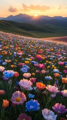 Poster - Beautiful Sunset Over a Colorful Flower Field with Vivid Blooms and Majestic Hills : Generative AI