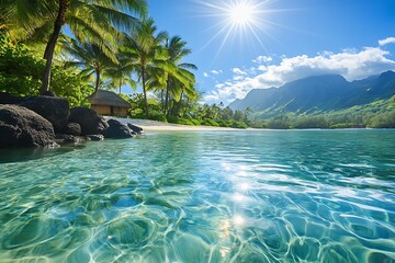 Poster - Breathtaking lagoon view with sunlight sparkling on the water amidst tropical trees and majestic mountains : Generative AI
