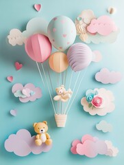 Poster - Whimsical paper cutout design featuring balloons, teddy bears, and playful clouds in pastel colors for childrens decor Generative AI