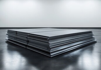 Poster - Stack of metallic sheets arranged neatly in an empty industrial space with a smooth black floor and plain background, showcasing simplicity and modern design