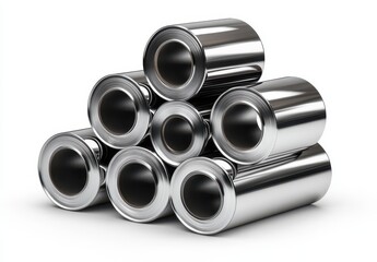 Poster - Stack of shiny metal cans arranged in a dynamic formation showcasing reflections and smooth surfaces in a minimalist white background setting.