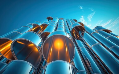 Fototapete - Stunning Modern Abstract Artwork Featuring Metallic Tubes and Reflective Surfaces Under Bright Sky with Clouds in Background