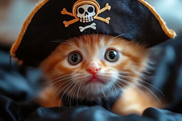 Poster - Adorable orange kitten dressed as a pirate with a hat and intense green eyes looking playfully at the camera : Generative AI