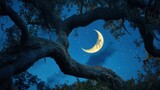 Nocne niebo z półksiężycem i drzewami