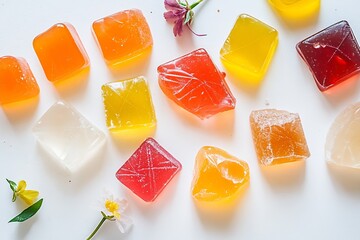 Poster - Beautifully arranged jelly squares with flowers for a fresh and playful candy look : Generative AI