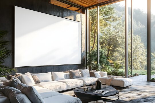 Living room with large wall with a blank white canvas. 3d rendering