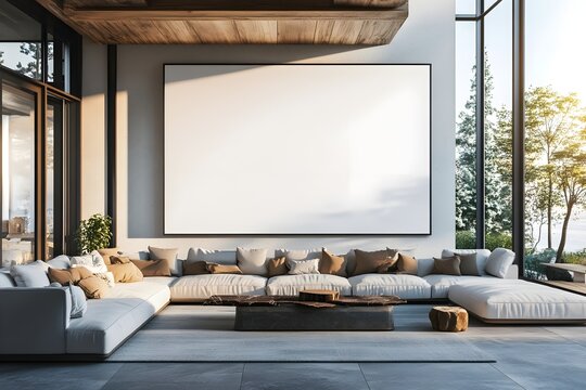 Living room with large wall with a blank white canvas. 3d rendering