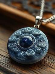 Poster - Close-up of a Stylish Blue Carved Pendant Necklace Featuring a Deep Blue Center Gem Surrounded by Flowing Cloud Motifs : Generative AI