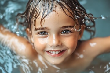 Poster - Joyful young child smiling with water droplets on hair in the pool during a sunny afternoon : Generative AI
