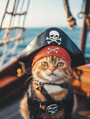 Poster - Stylish Cat Wearing a Pirate Costume with Accessories Ready for a Sea Adventure : Generative AI