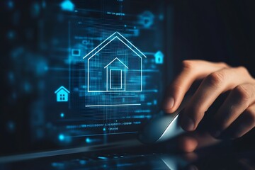 Fototapete - Visual representation of smart home systems with a glowing house icon operated by a human hand : Generative AI