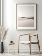 Aufkleber - Minimalist Interior Design Showcasing Beige Art and a Cozy Chair in a Bright and Inviting Living Room Setting : Generative AI