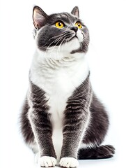 Poster - Portrait of a grey and white cat with striking orange eyes gazing upwards against a clean white background : Generative AI