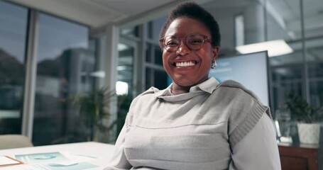Poster - Black woman, face and happy with tablet in office, night or review for project management at startup. African person, smile and portrait with digital touchscreen, app or overtime at company in Kenya