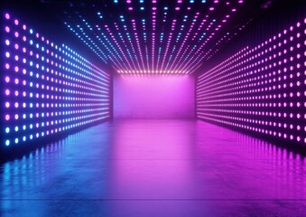 Poster - Vibrant Abstract Light Display in a Spacious Modern Room with Colorful Neon Lights Reflecting on the Floor for Creative Projects and Backgrounds