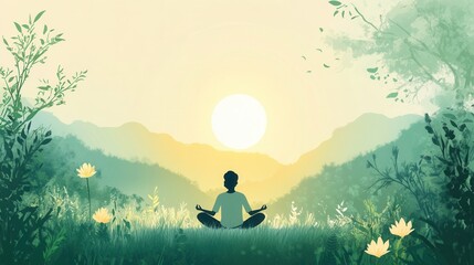 Aufkleber - Meditation practice in a serene natural setting during soft sunlight glow in the background