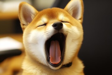 Poster - Adorable Shiba Inu Dog Yawning with Eyes Closed Captured in a Cozy Indoor Setting : Generative AI