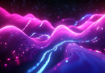 Poster - Vibrant Abstract Waves with Neon Lights and Glowing Particles in a Dark Background for Creative Digital Art or Design Projects