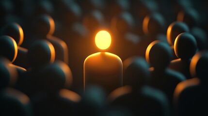 Poster - Unique glowing figure amidst a crowd displaying the theme of individuality and leadership in a dark setting : Generative AI