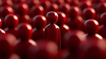 Poster - Shiny Red Figure Surrounded by Many Red Spheres Symbolizing Distinctiveness in a Homogeneous Group : Generative AI
