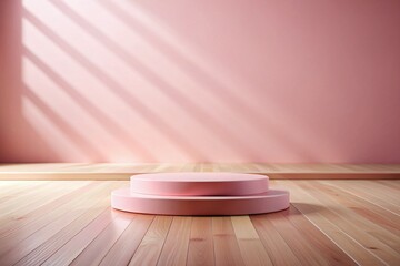 Poster - Abstract Pink Podium, Empty Display Stand, Wooden Floor, 3D Render, Product Showcase