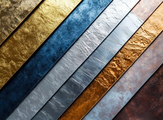 Poster - Vibrant Metallic Textures Collection Showcasing Gold, Silver, Copper, and Bronze Surfaces with Unique Patterns and Reflections for Design Use