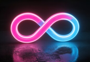 Poster - Vibrant Neon Infinity Symbol on a Reflective Surface with Colorful Illumination and Dark Background for Creative Concepts and Designs